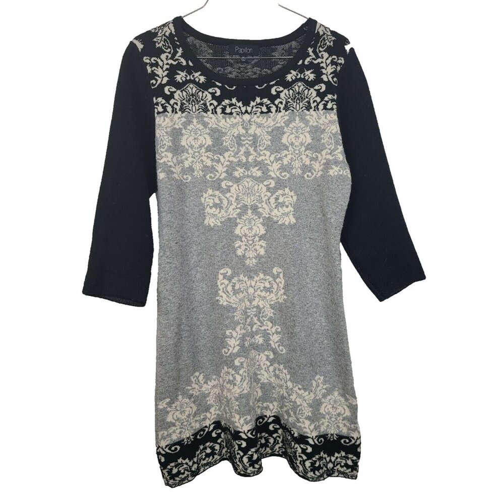 Papillon Womens‎ Sweater Dress Medium Gray Black Damask 3/4 Sleeve Mini Knit